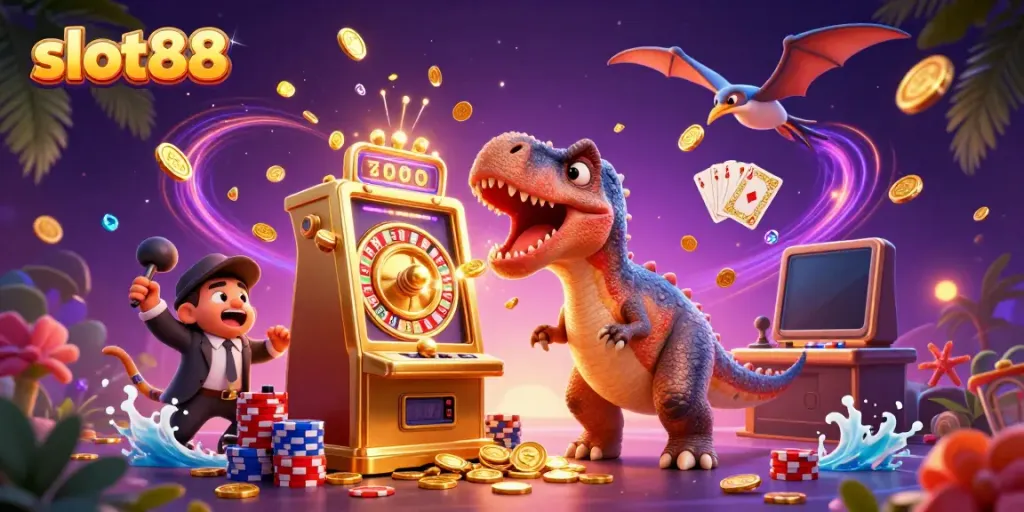 Experience jackpot wins with slot88 in this animated casino scene featuring vibrant characters.