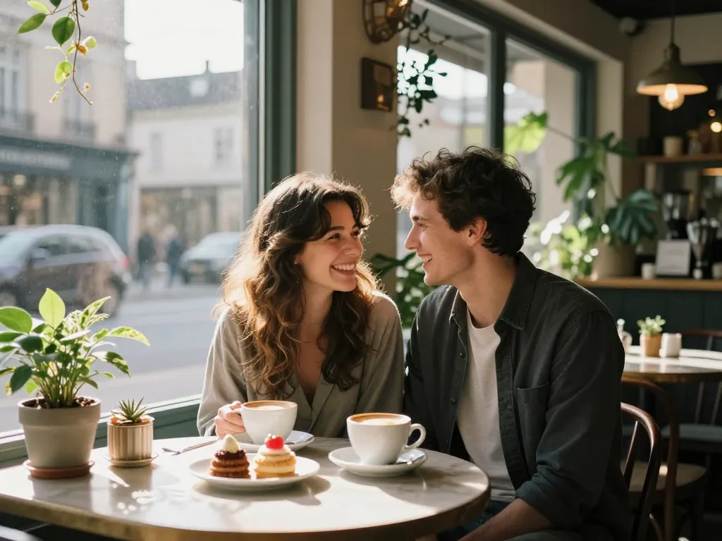 Couple enjoying coffee together, capturing the moment of feeling a crush on each other in a cozy café.