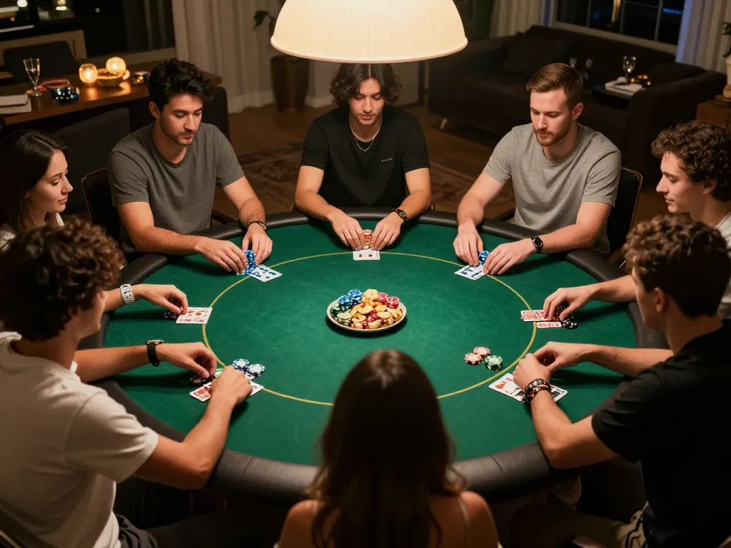 Players strategizing at a home poker game with go 8 themed ambiance and vibrant chips