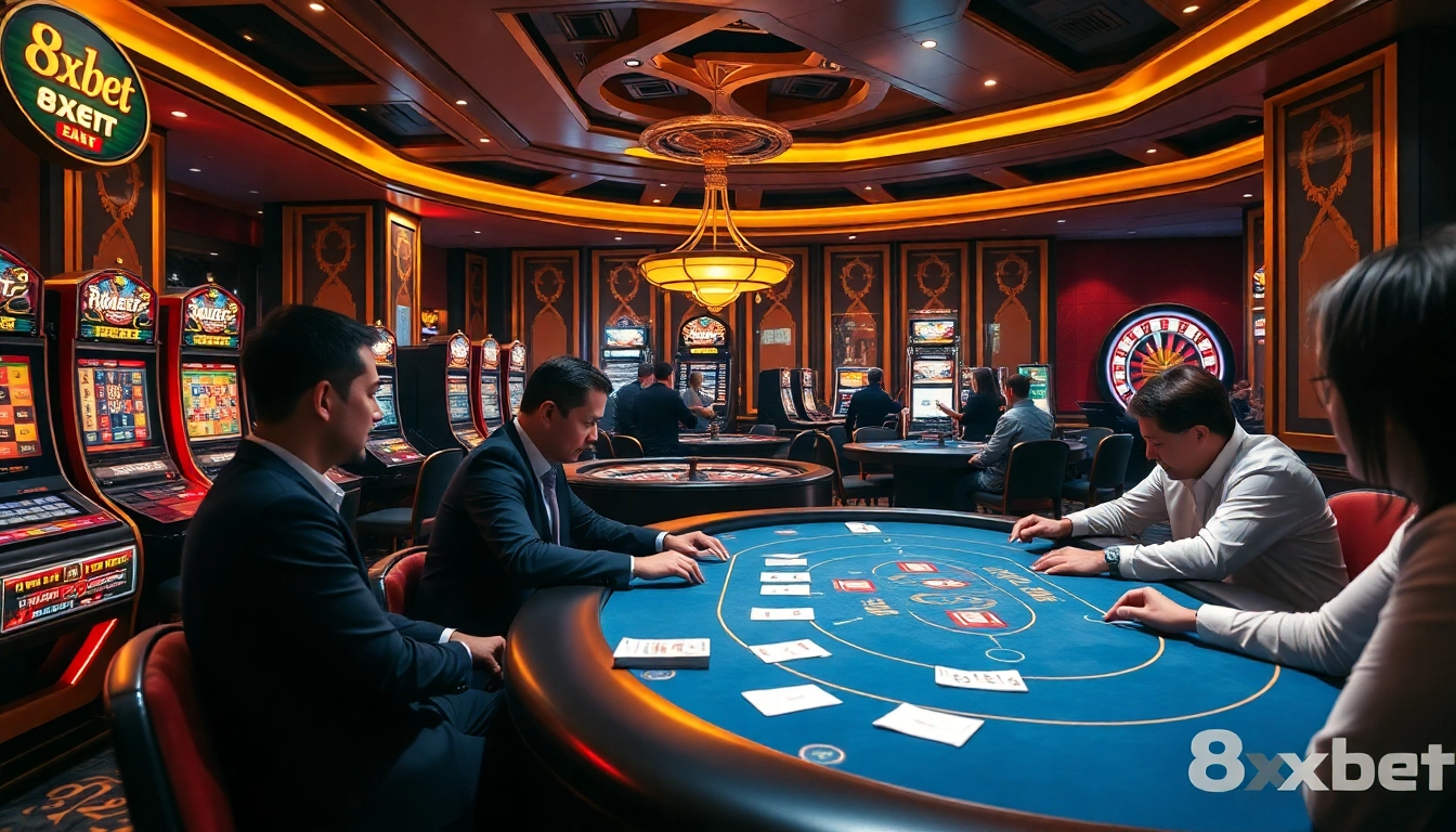Engage with thrilling poker action at an upscale casino with 8xbet branding.