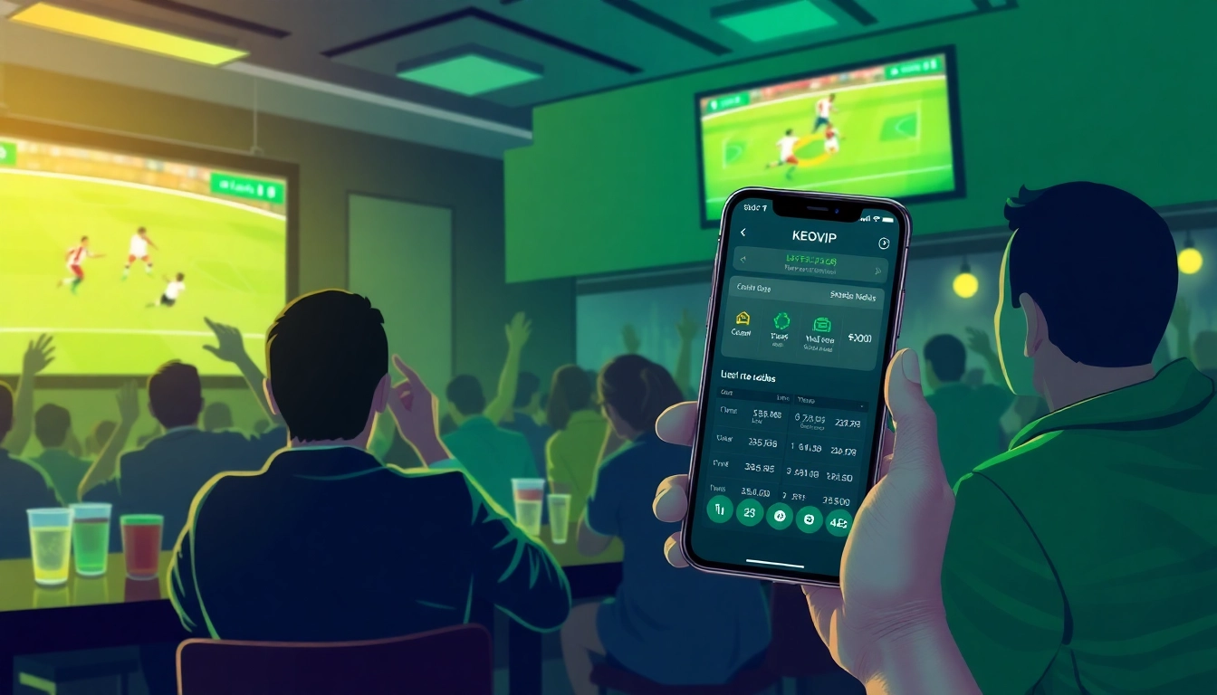 A lively sports bar scene showcasing kèo nhà cái on screens, with fans engaged in live betting.
