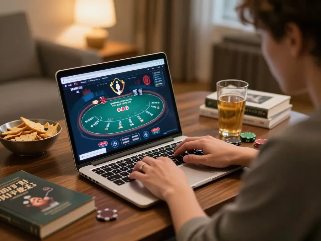 Engaged player strategizing during an online poker game, highlighting Da 88 excitement at home.