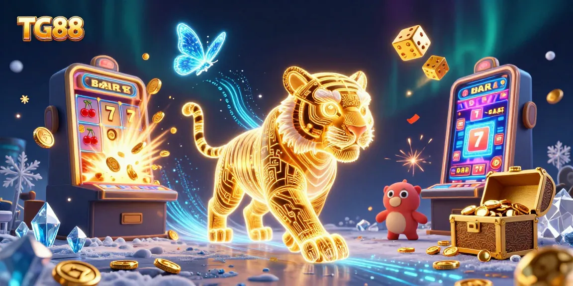 Experience the thrill of winning at TG88 with an energetic casino scene featuring a golden tiger amidst dazzling elements.