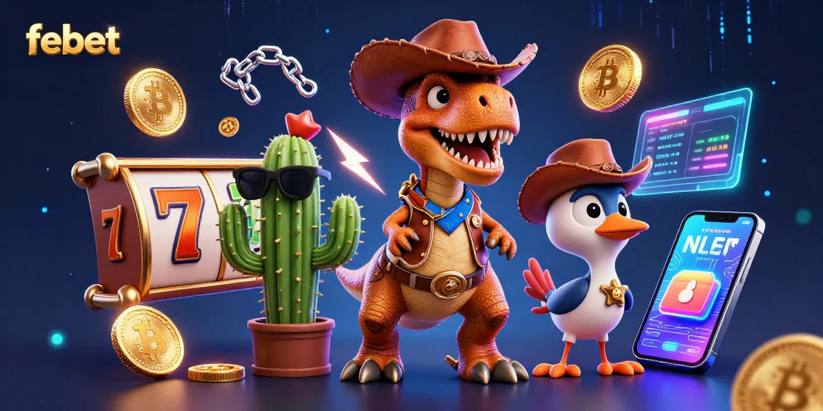 Experience big wins at febet with a lively 3D illustration of a T-Rex cowboy and vibrant casino elements.