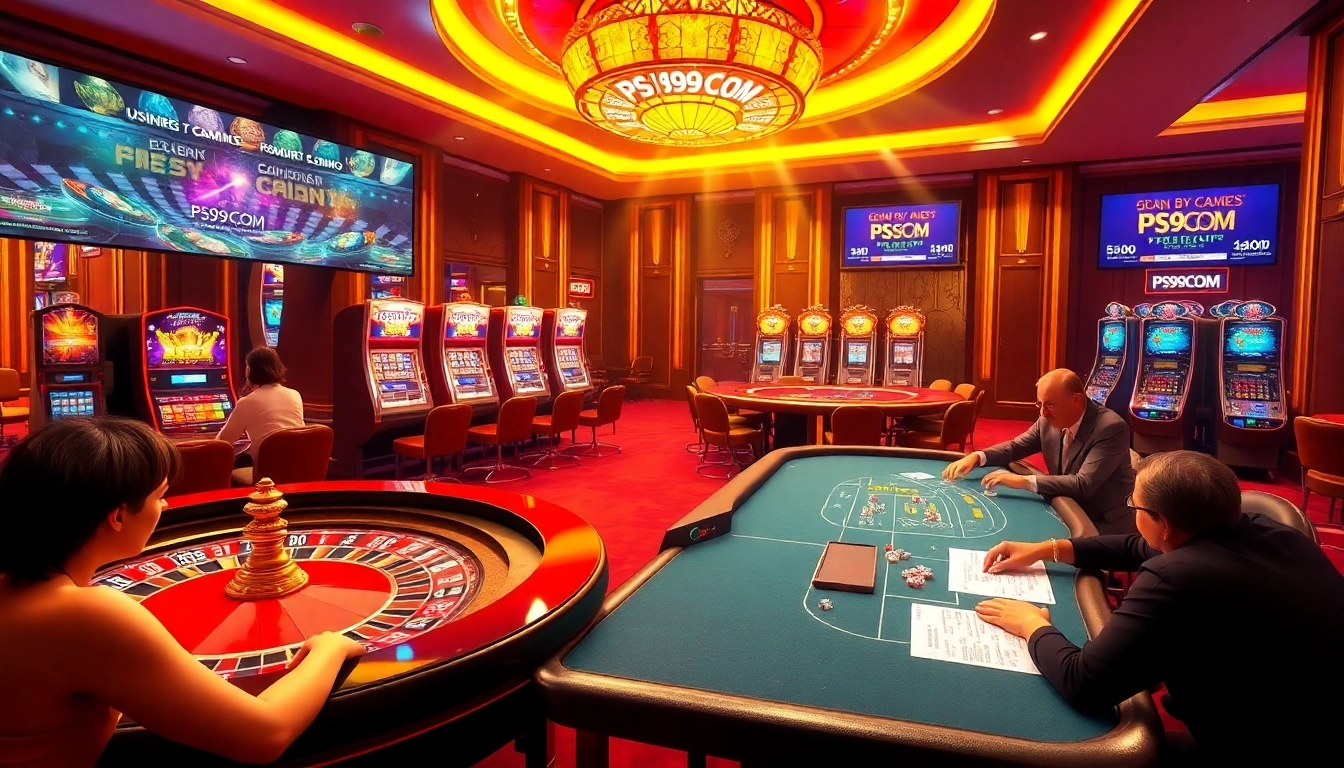 Experience the excitement of PS99COM with players engaging in roulette and poker within a luxurious casino setting.