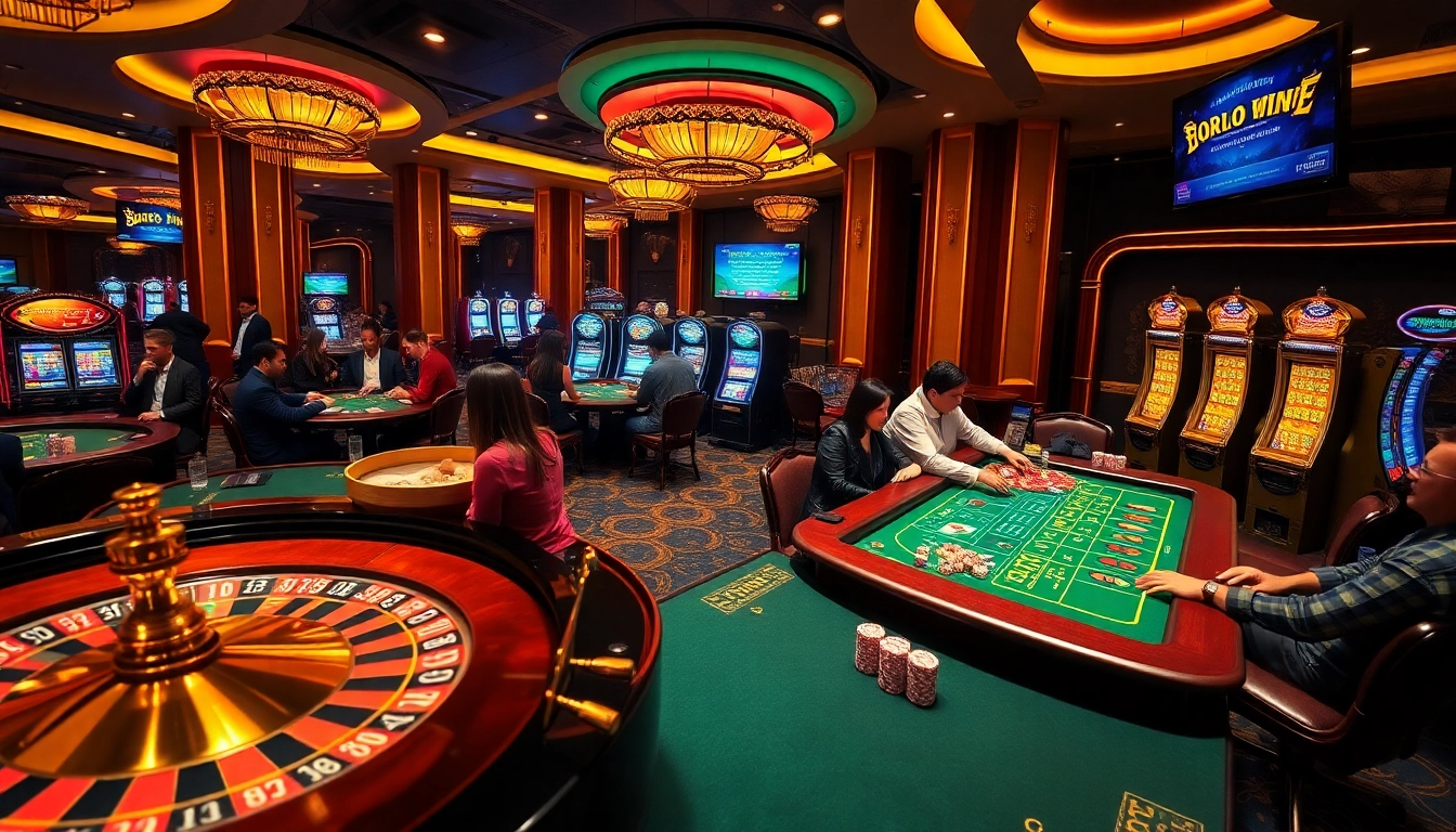 Experience the excitement of gambling at DOLA88 with vibrant casino visuals featuring gaming tables and slot machines.