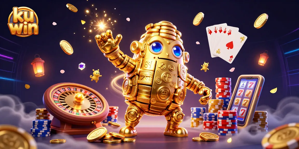Spin and win with ku win in a vibrant casino scene featuring gold coins and slot symbols.