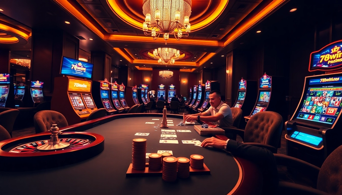 Players enjoying an exhilarating game at 78win.bot casino table, showcasing vibrant slot machines and poker action.