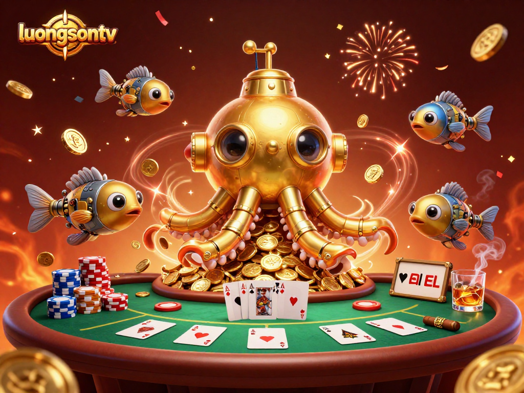 luongsontv features 3D kraken submarine characters celebrating with poker and casino elements in a vibrant scene