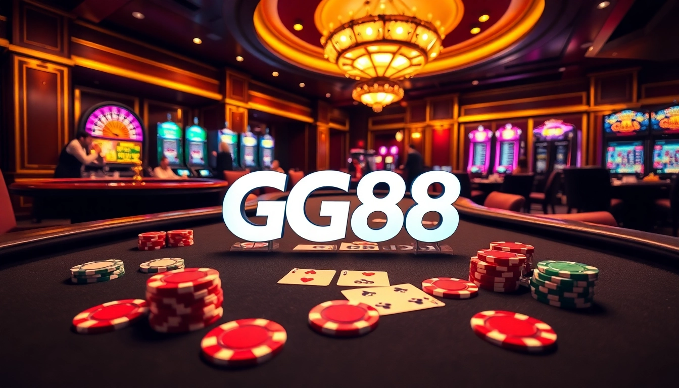 Experience high-stakes gambling at GG88's luxurious casino with vibrant poker chips and cards.