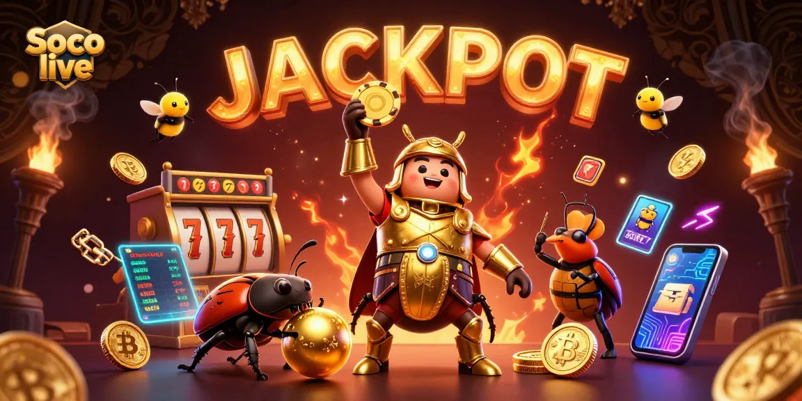 Join the action with Soco live’s victorious beetle celebrating a jackpot with a poker chip in a lively casino setting.