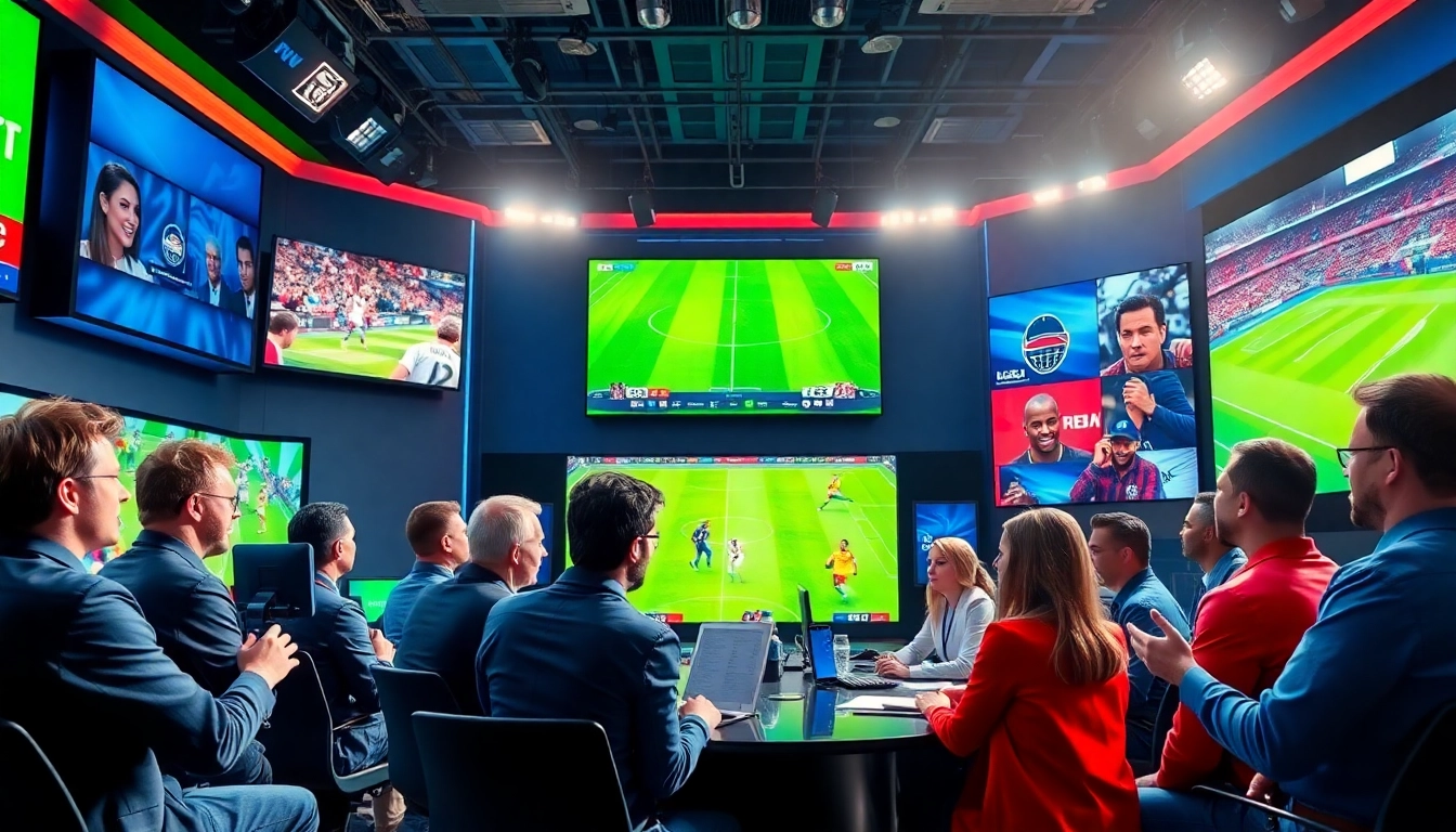Engaging scene of sports broadcasting showcasing diverse analysts in a professional studio.