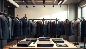 Explore the offerings of a Custom Clothing Manufacturer showcasing tailored blazers in a modern setting.