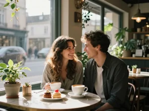 Couple enjoying coffee together, capturing the moment of feeling a crush on each other in a cozy café.