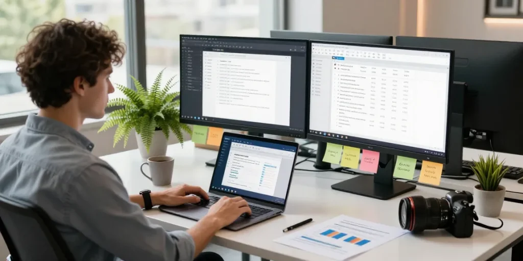 WPS Download in a modern workspace with dual monitors and a laptop, illustrating productivity.