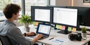 WPS Download in a modern workspace with dual monitors and a laptop, illustrating productivity.
