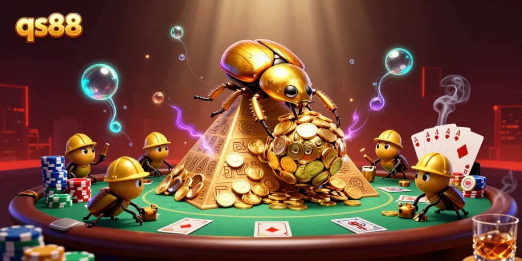 Experience winning strategies at qs88 with a magical scene of golden beetles in a vibrant casino.