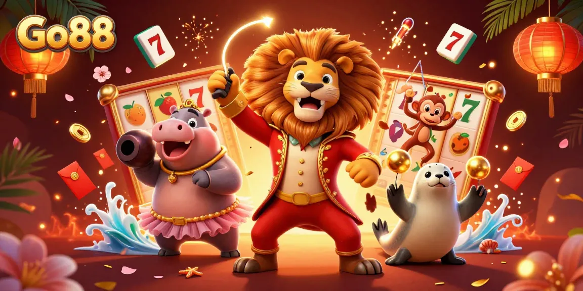 Experience the vibrant world of Go88 with entertaining casino characters, slot reels, and dynamic action in a stunning scene.