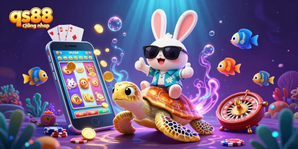 Experience fun at qs88 đang nhap with a lucky rabbit and golden turtle amidst casino games.