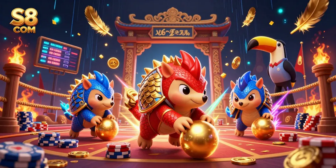 Experience the excitement of S8 COM with a thrilling 3D casino showdown featuring rival pangolins and vibrant gold details.