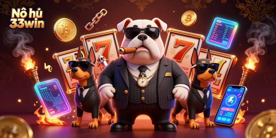 Nổ hũ 33win showcases the thrilling world of jackpot slots with animated characters and crypto elements.