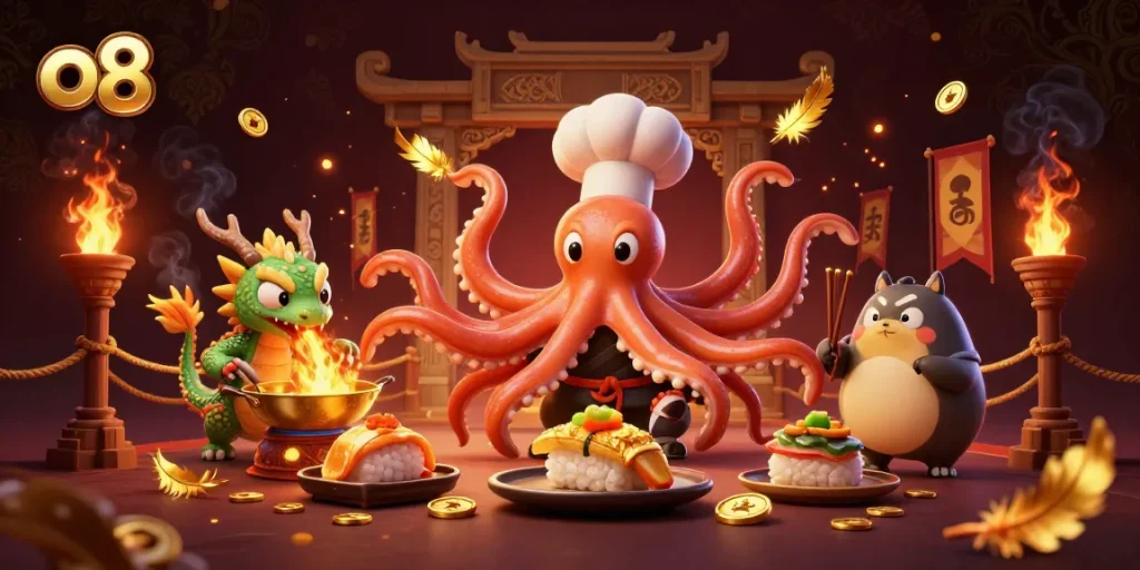 Experience exciting gambling at o8 with a dynamic scene featuring whimsical characters and casino elements.