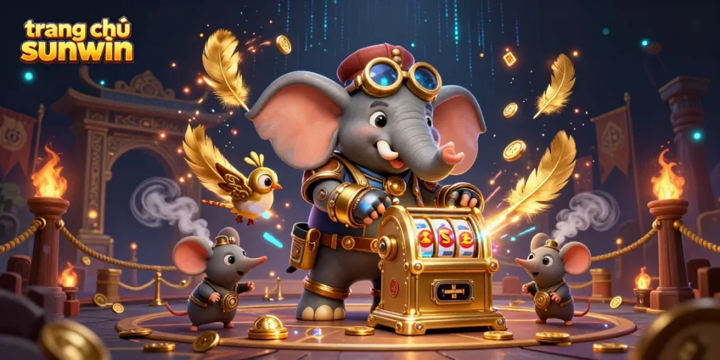 Experience exciting gaming at trang chủ sunwin with a dynamic 3D illustration featuring a steampunk elephant and vibrant casino elements.