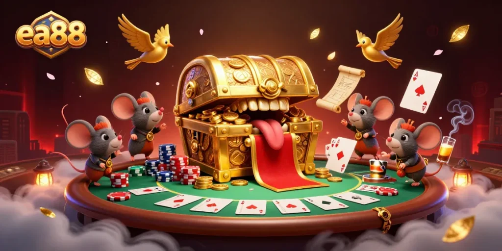 ea88 players are tempted by a golden treasure chest in a vibrant casino scene with poker elements