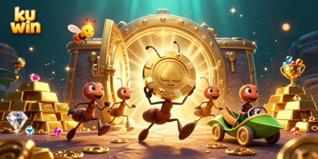 Engaging 3D scene featuring ku win's animated ants heisting a giant poker chip, showcasing dazzling treasures.