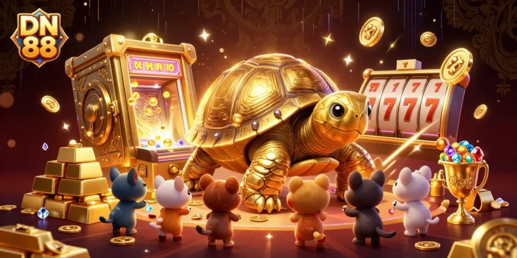 Experience the excitement of DN 88 with a vibrant 3D illustration featuring a colossal golden tortoise pinball machine in a dazzling casino atmosphere.