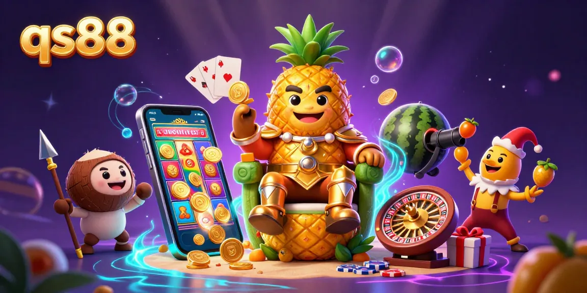 Experience the excitement of qs88 with the golden pineapple king and dynamic casino elements in a vibrant scene.