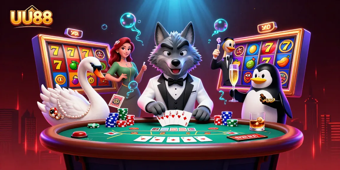 Experience thrilling gameplay at UU88 with a lively 3D casino scene featuring dynamic card dealing, vibrant slot symbols, and interactive characters.