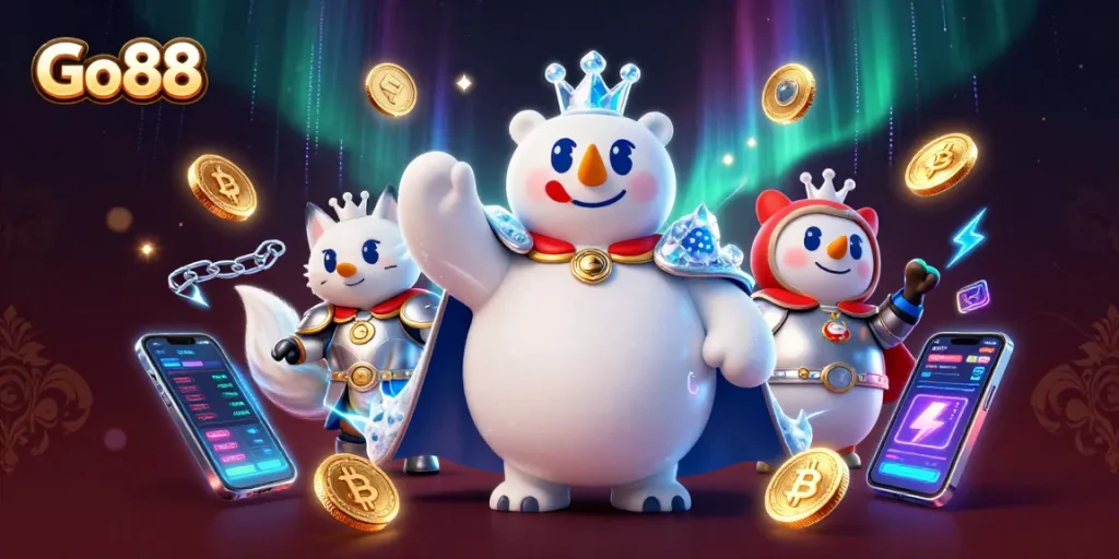 Experience Go88's captivating gaming universe with vibrant characters, cryptocurrency elements, and neon effects.