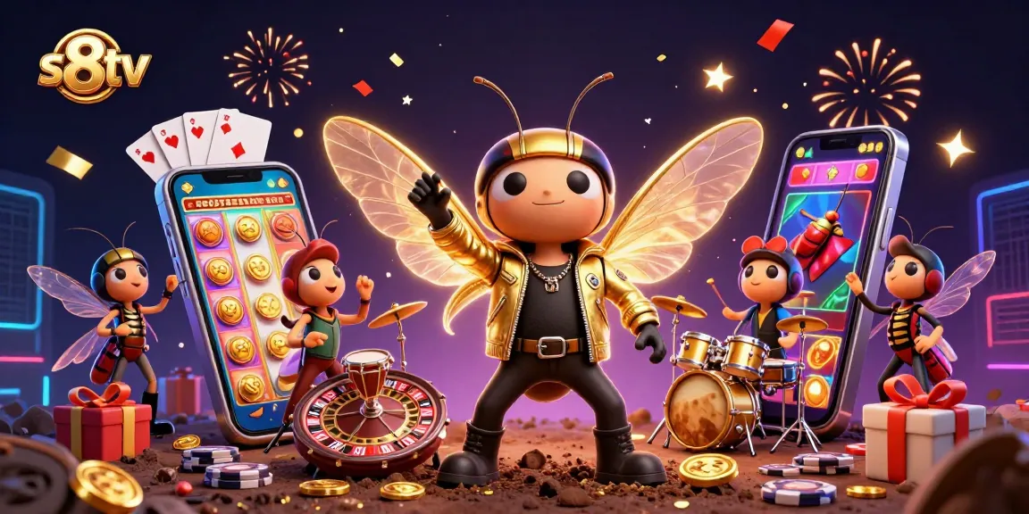 s8tv showcases a vibrant 3D casino scene with a rock star cicada and dynamic gaming elements.