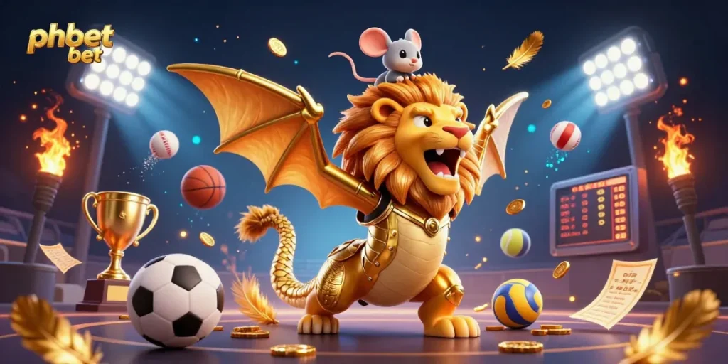 Experience the thrill of phbet bet with a golden chimera and dynamic sports elements capturing the excitement of online gambling.