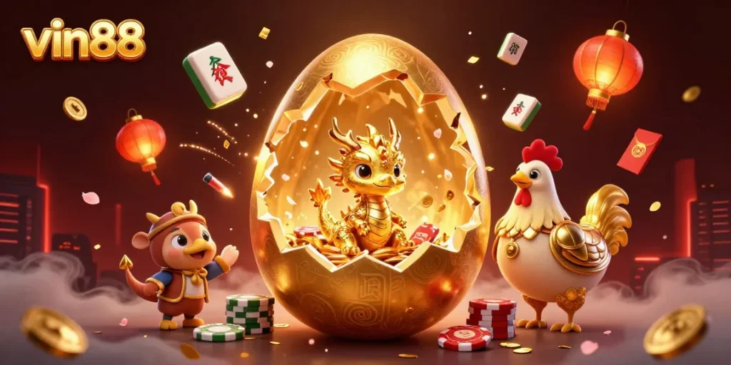 Win big at vin88 with a golden dragon nestled on poker chips amidst vibrant casino elements.