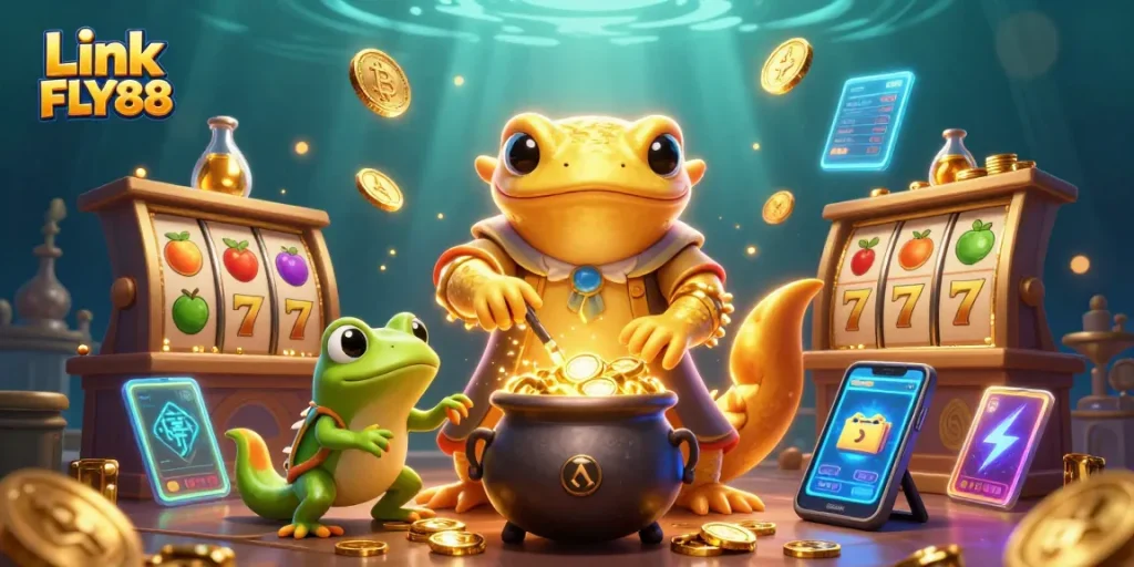 Engage with Link FLY88 as the golden salamander alchemist transforms luck into winning coins in an enchanting casino.