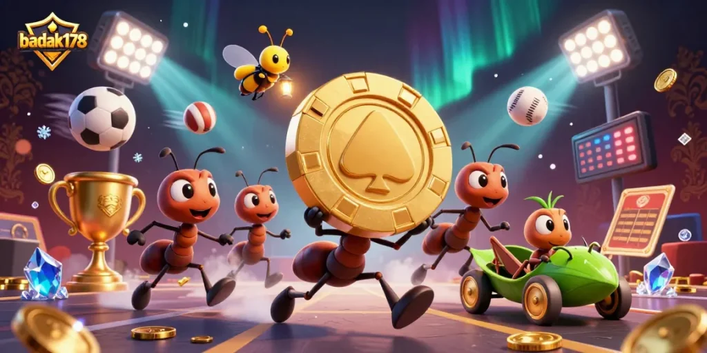 Experience the excitement of badak178 as ants execute a daring heist in a vibrant casino scene.