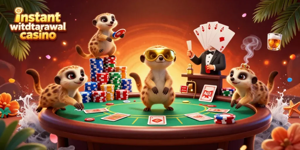 Experience instant withdrawals at our instant withdrawal casino with playful meerkats managing poker games.