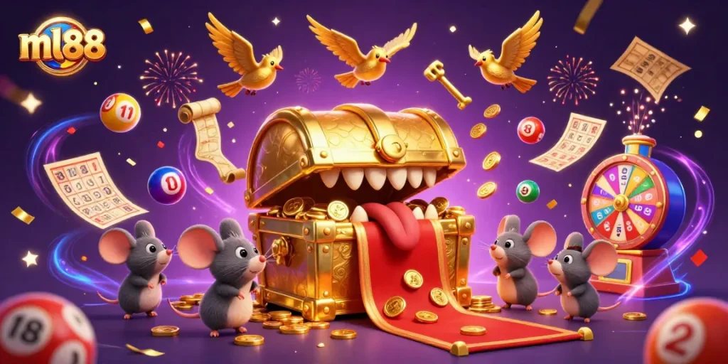 Experience the excitement of ml88 as mice discover treasure in a vibrant casino scene.