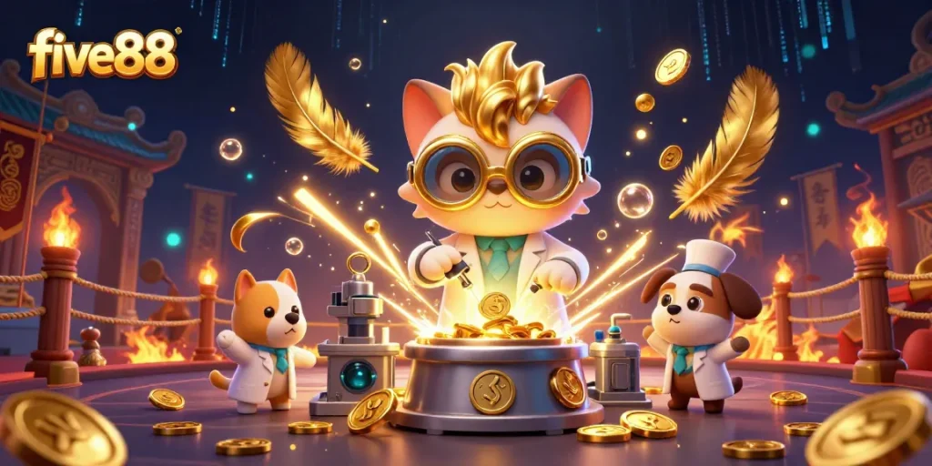 Experience the excitement at five88 with a vibrant scene of a cartoon mad scientist and dog, creating gold coins amid dynamic gambling elements.