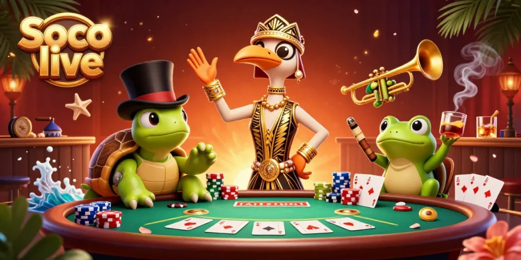 Soco live brings a lively casino atmosphere with colorful poker chips, characters, and dynamic elements showcasing an energetic scene.