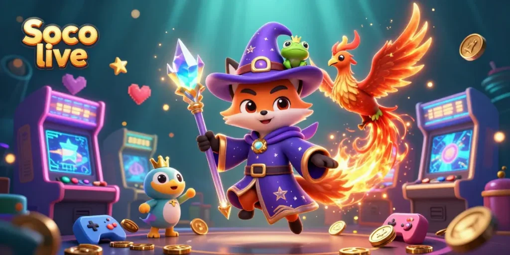 Experience Soco live with an immersive 3D illustration of a wizard fox and phoenix. Spark your gambling spirit!