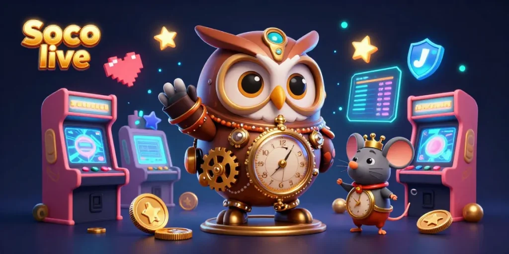Soco live showcases an engaging 3D illustration with a time-traveler owl in a casino, blending retro and futuristic game elements.