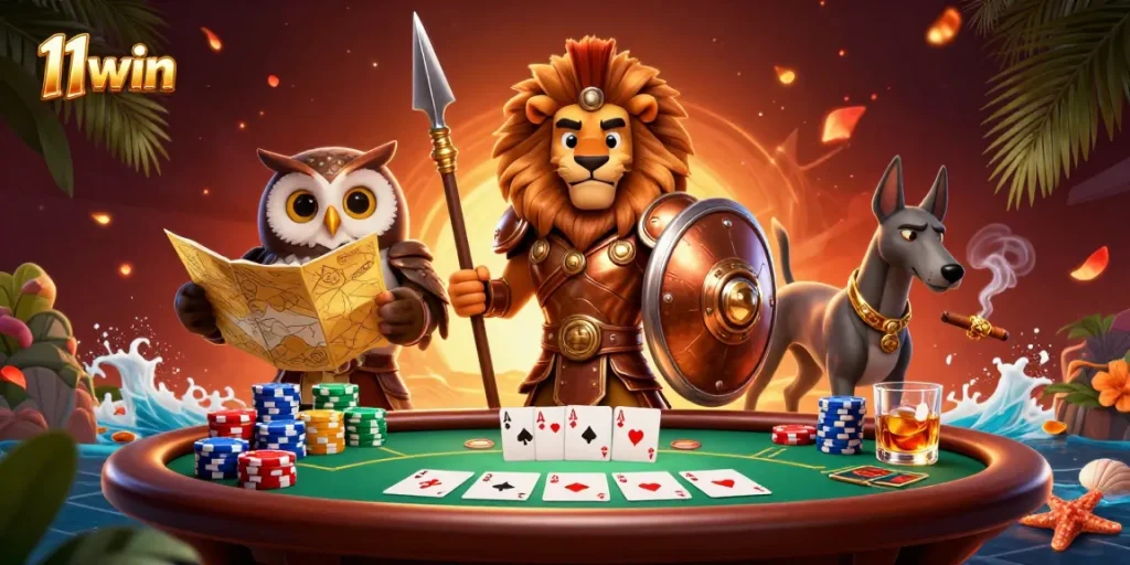 Engage in strategy with 11win at a lavish poker table featuring charismatic characters.