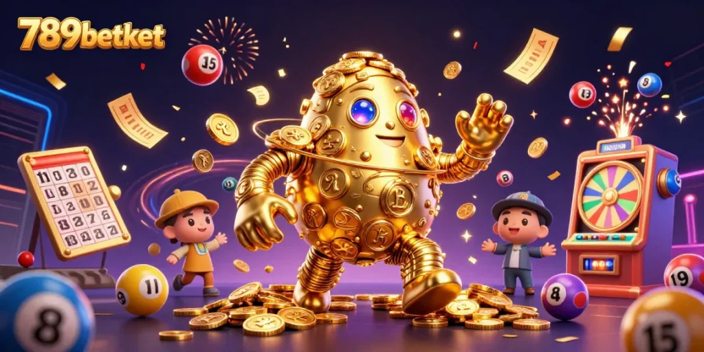 Experience thrilling games at 789betket with dynamic lottery elements and a golden golem.