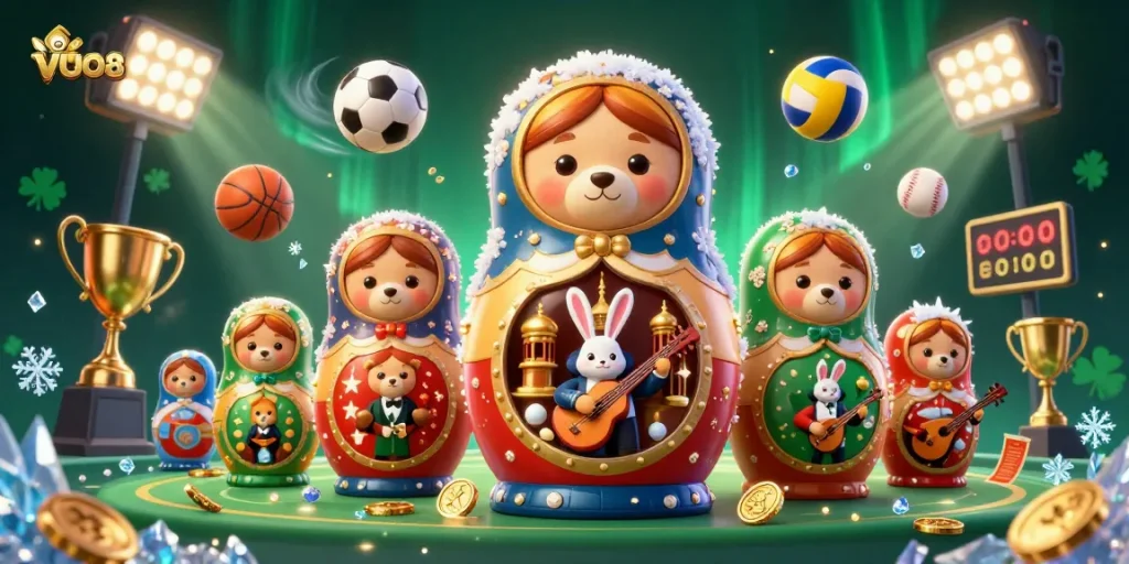 Play with vua88: Enjoy an energetic casino scene full of dynamic sports action and vibrant characters.