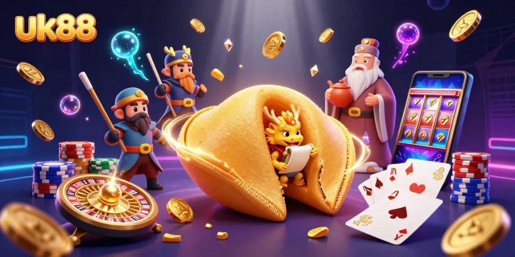 Win big at uk88 with a golden fortune cookie and treasure-filled gaming scene!