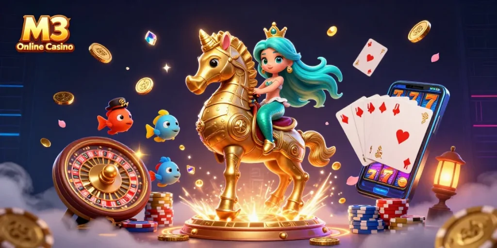 M3 Online Casino showcases an enchanting scene with mermaid princess and magical underwater casino elements.