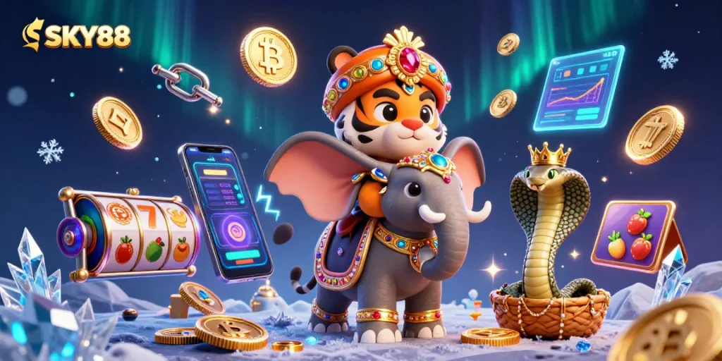 Engage in winning strategies at SKY88, enhanced by the vibrant world of 3D casino elements and luxury.